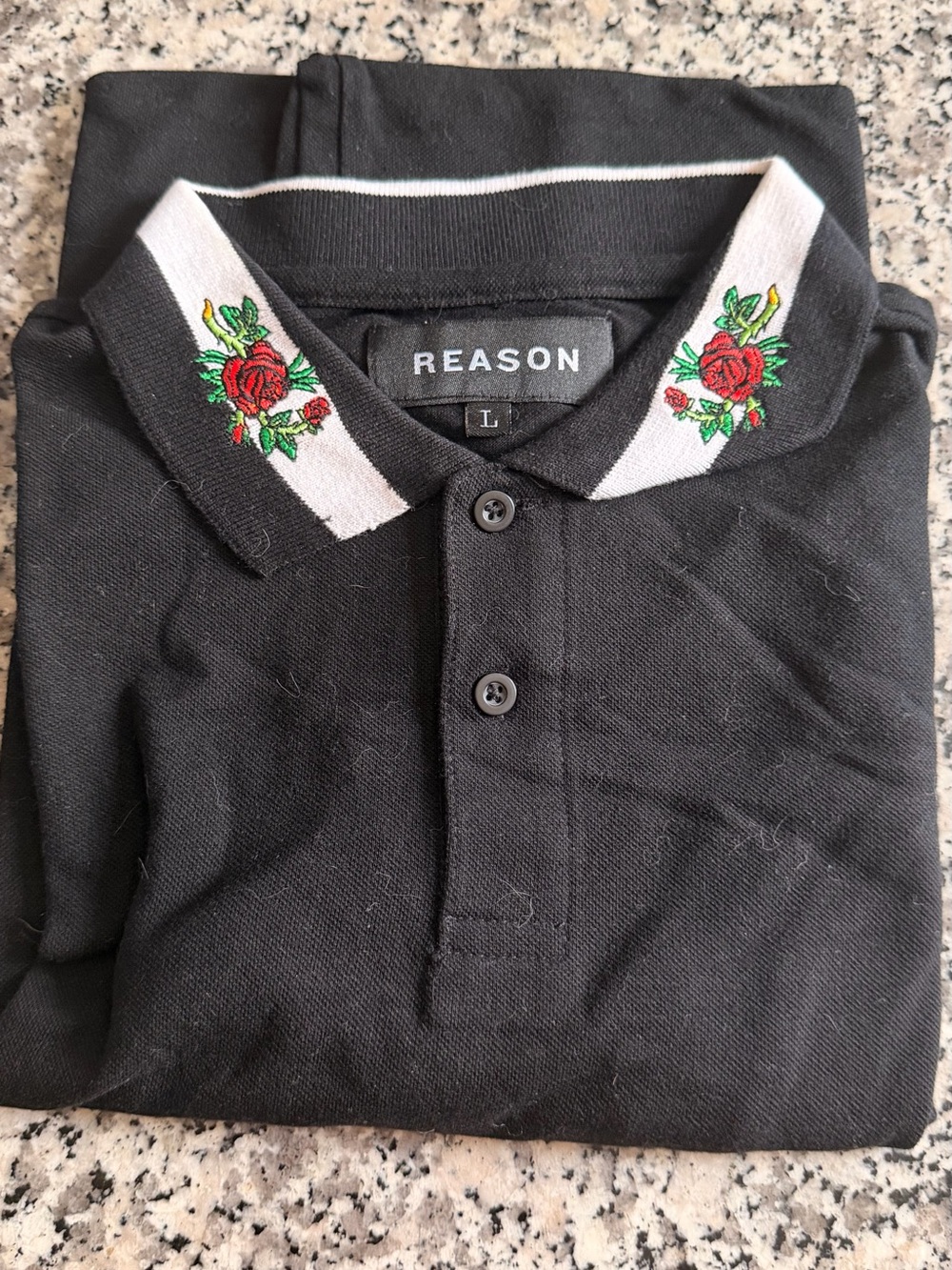 REASON Black Polo with White Trim and Red Rose Embroidery